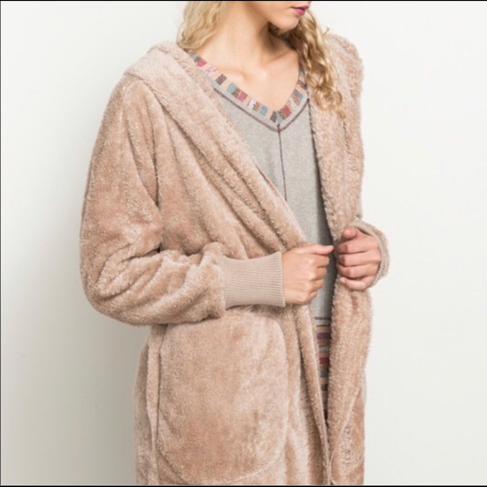 OS Teddy Fuzzy Fleece Cardigan Super Soft Taupe - Picture 4 of 6